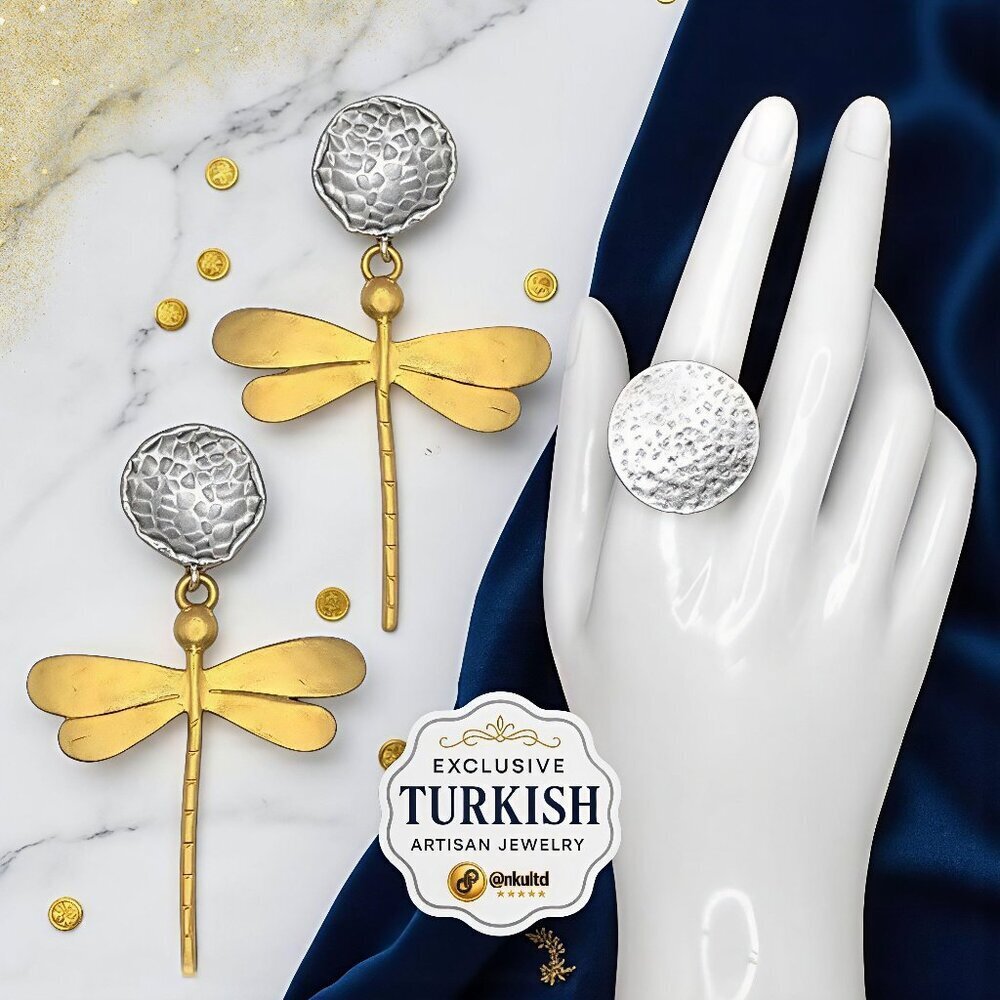 Dragonfly Turkish 24K Gold Plated Earrings And Ring Artisanal Jewelry Unique Set